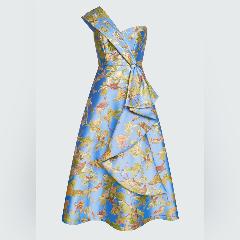 THEIA Dalia Tea Length Dress blue gold green